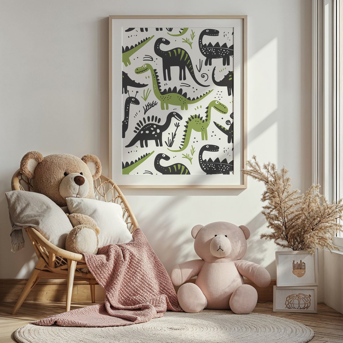 Doodle Dinosaur Pattern Green Black Long Neck Kids Room Nursery Poster - Image 4