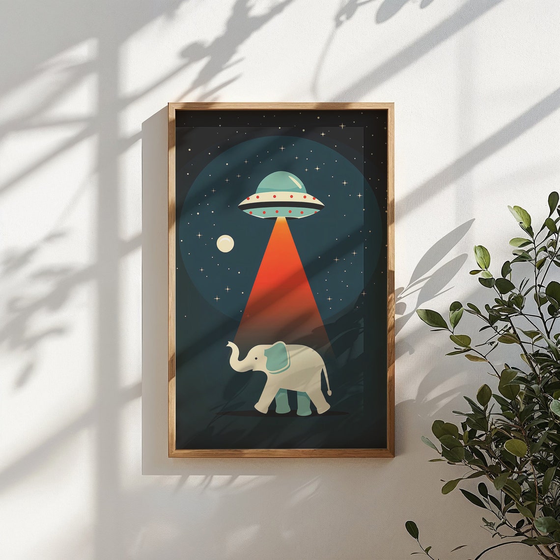Cute Elephant UFO Abduction Red Beam Retro Space Kids Wall Art Poster - Image 5
