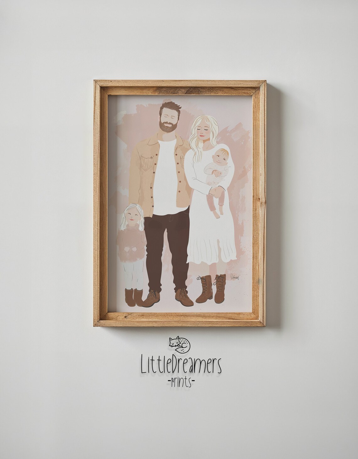 Family Of Four Watercolor Portrait Blush Neutral Custom Wall Art