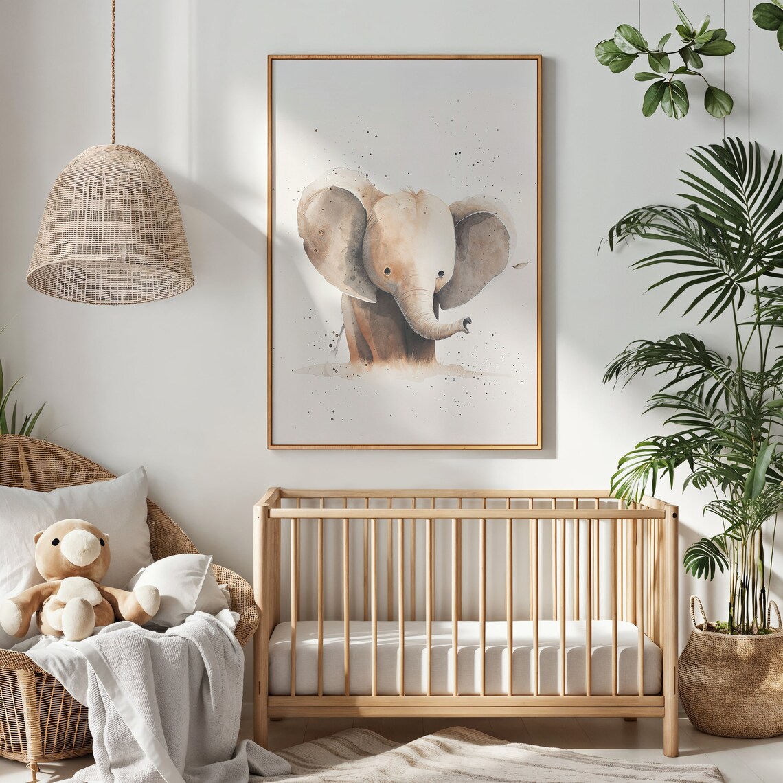 Baby Elephant Watercolor Soft Beige Safari Nursery Wall Decor Poster - Image 2