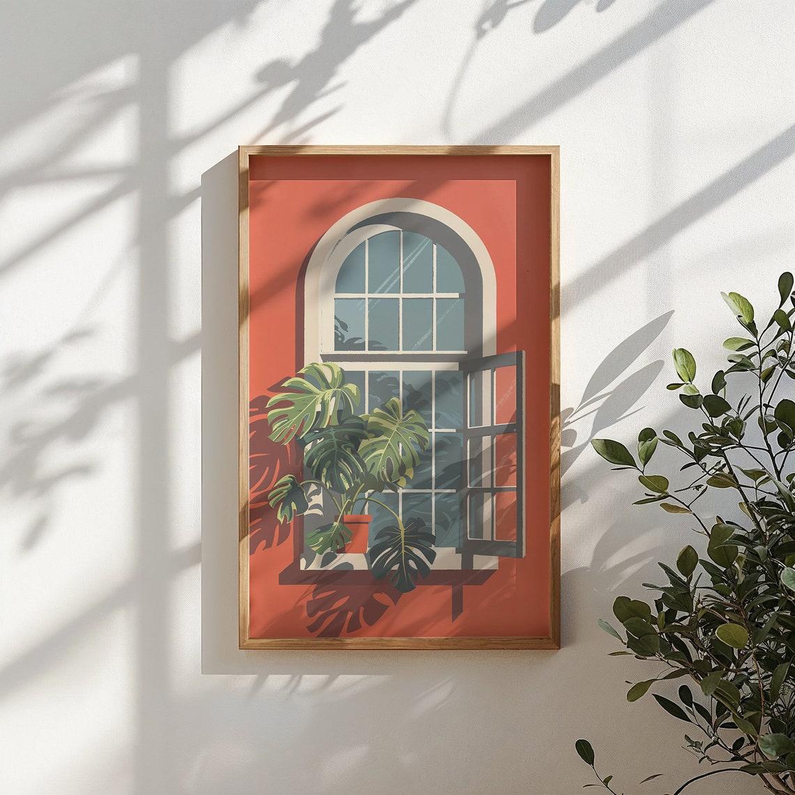 Monstera Plants Arched Open Window Terracotta Wall Tropical Poster - Image 4