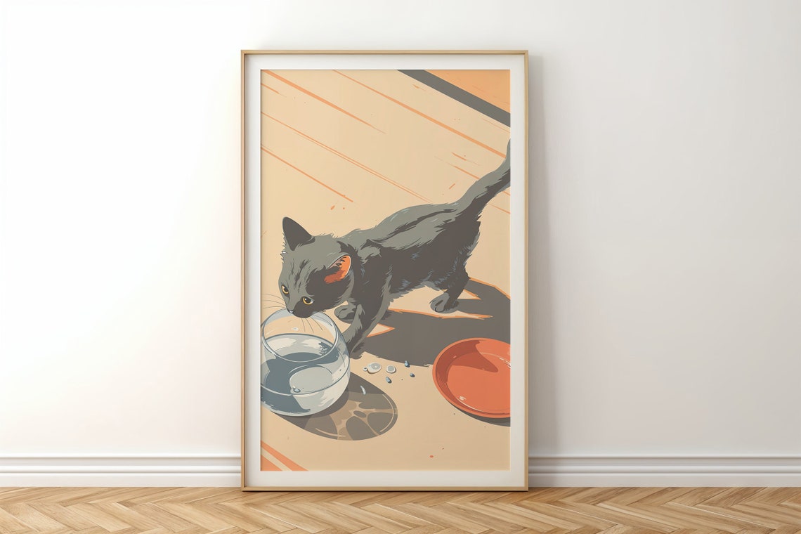 Grey Kitten Drinking Water Glass Orange Dish Sunbeam Nursery Poster - Image 3