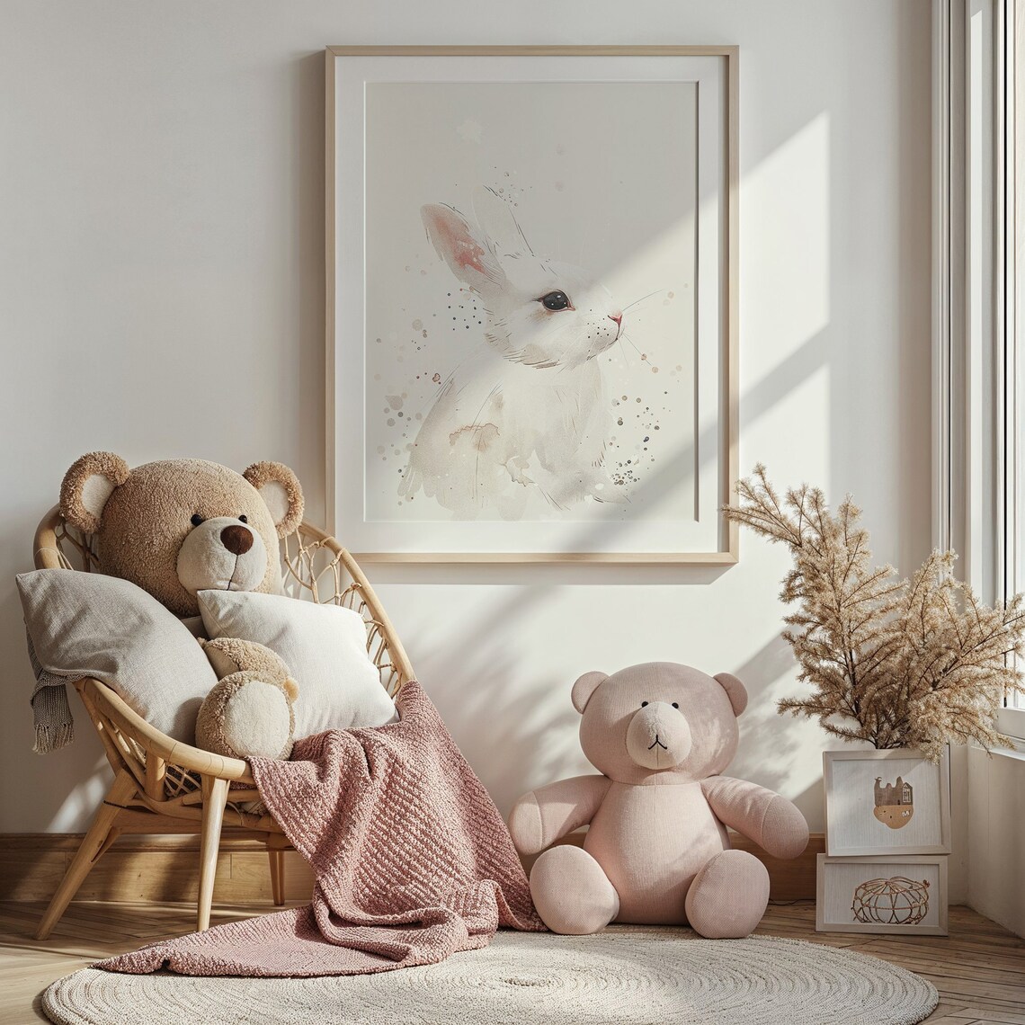 White Bunny Portrait Gentle Watercolor Cream Neutral Kids Room Poster - Image 3