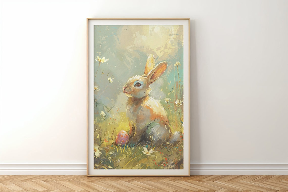 Sunny White Bunny Painterly Meadow Pink Easter Egg Nursery Poster - Image 6