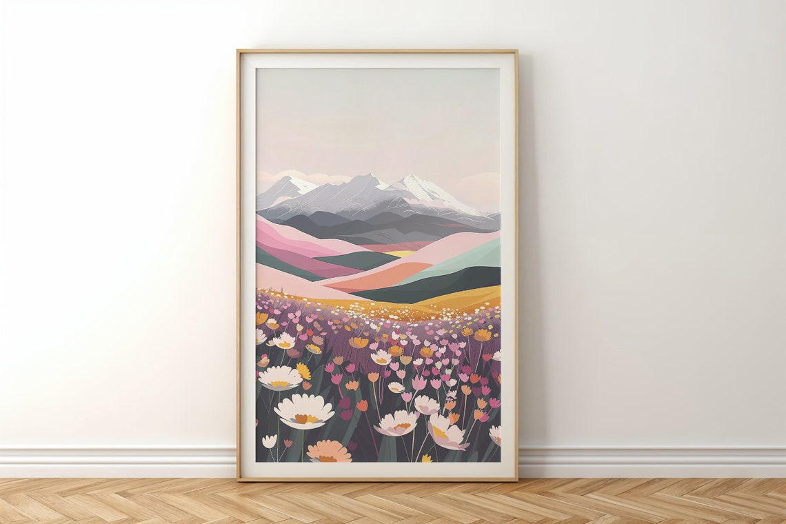 Pastel Wildflower Field Layered Mountains Landscape Art Wall Poster - Image 6