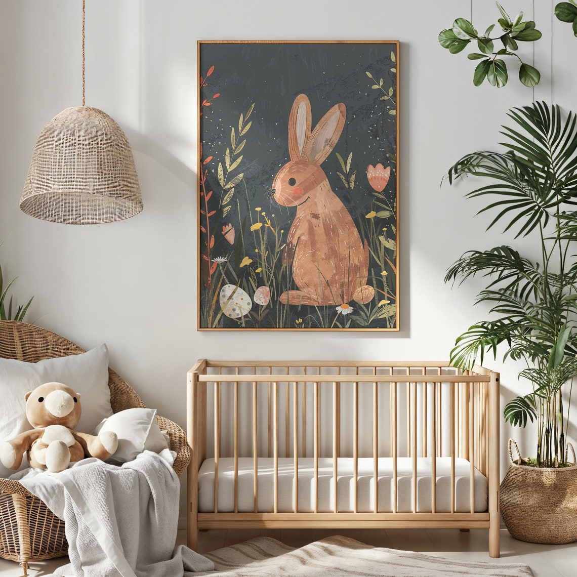 Brown Bunny Night Meadow Golden Grasses Speckled Eggs Folk Poster - Image 2