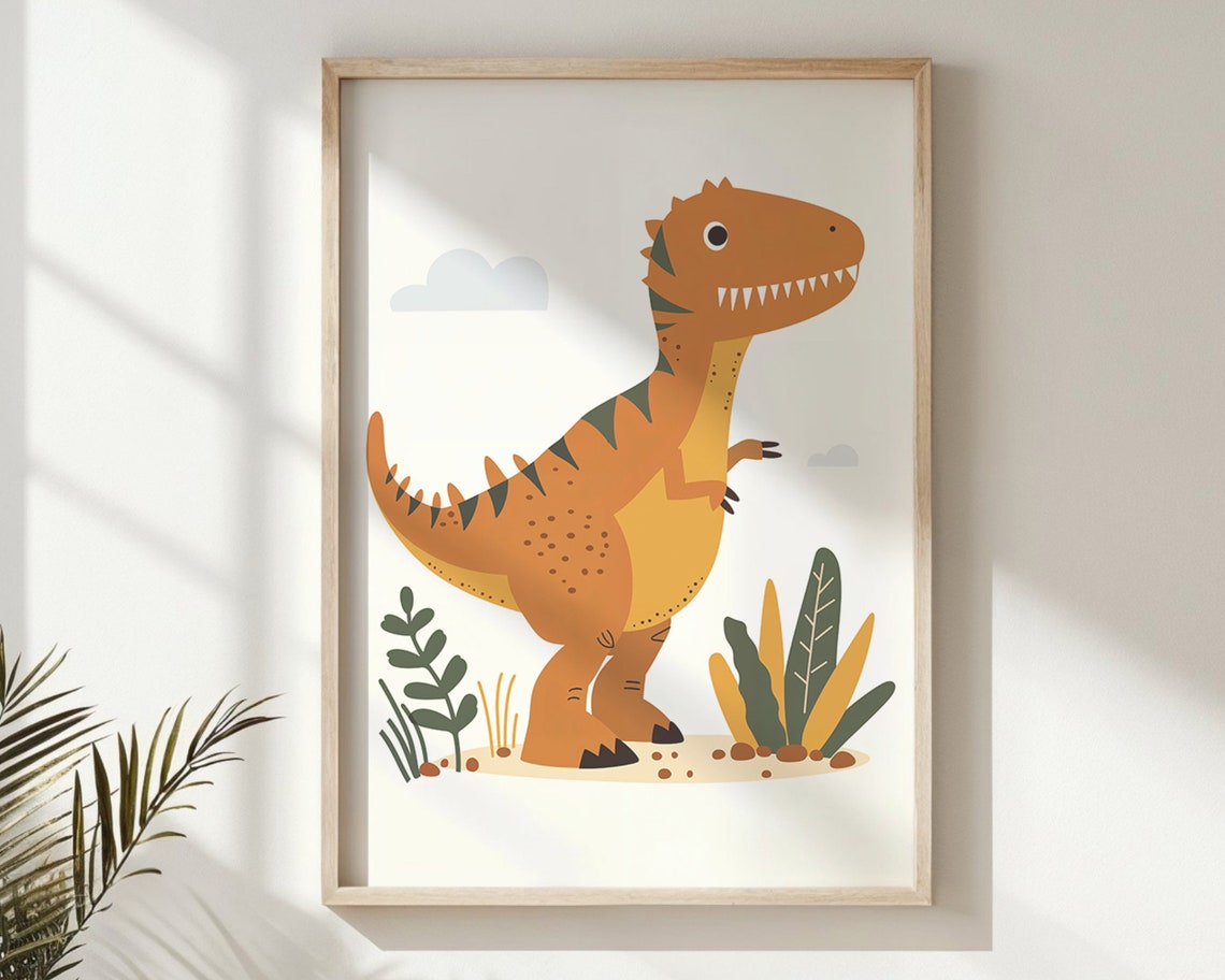 Playful Orange T Rex Dinosaur Illustration Kids Room Nursery Poster