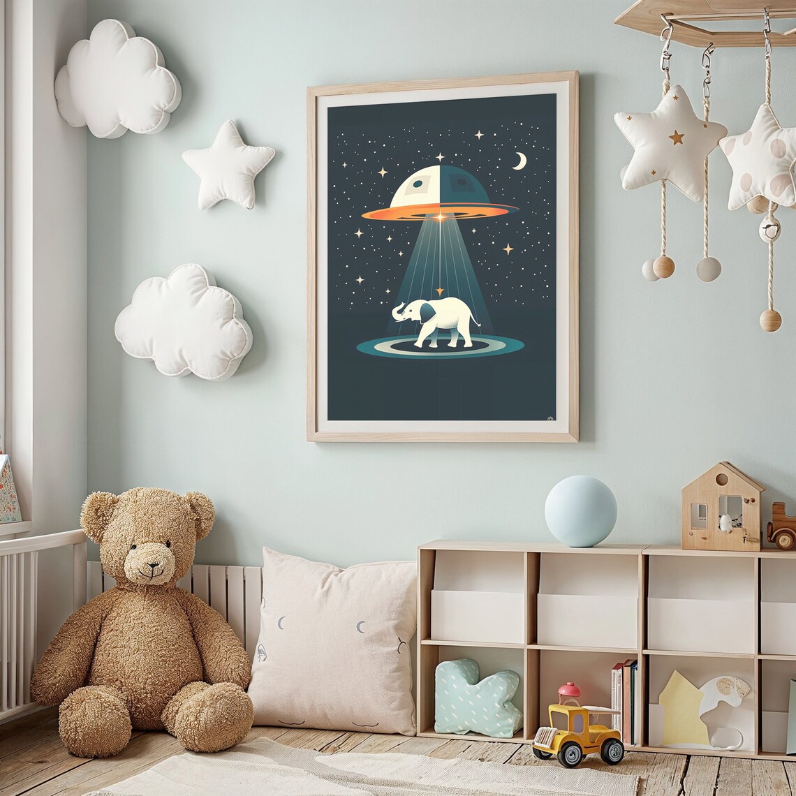 Space Elephant UFO Abduction Beam Cute Sci Fi Kids Nursery Wall Art Poster - Image 2