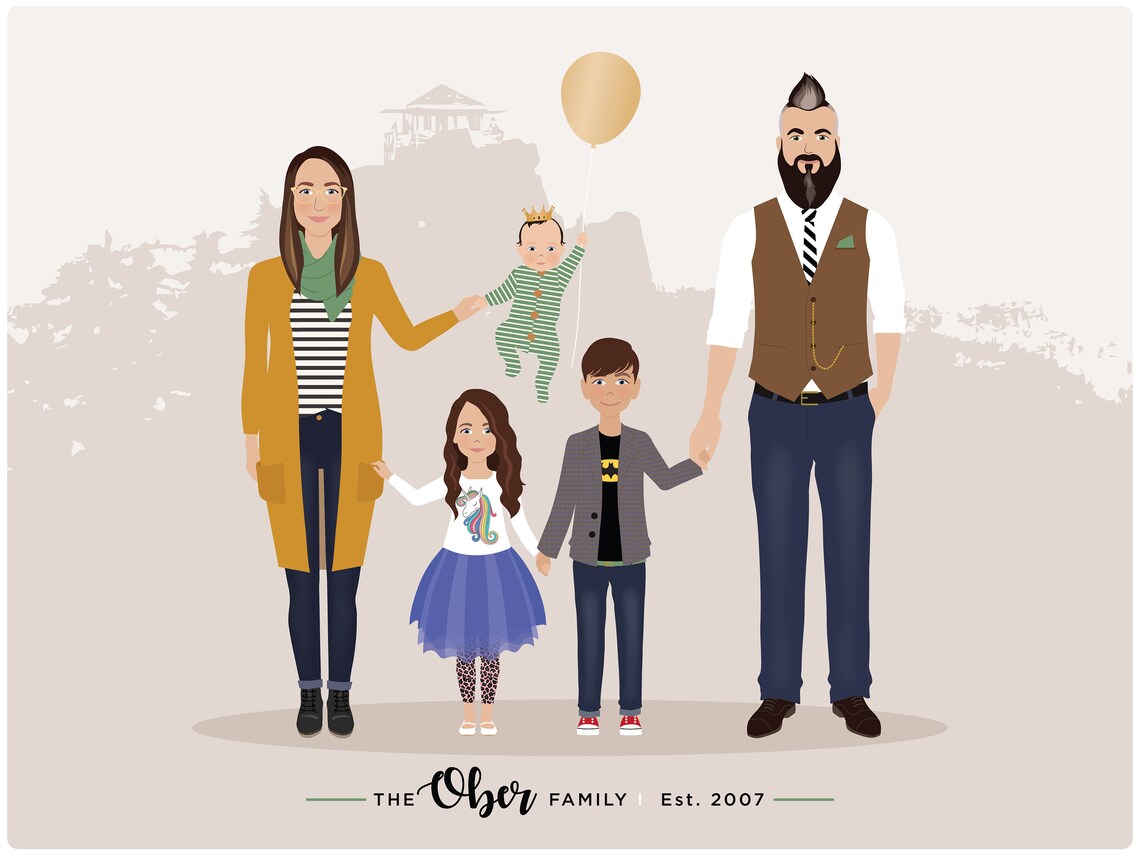 Family Portrait Illustration, Wall Art Print