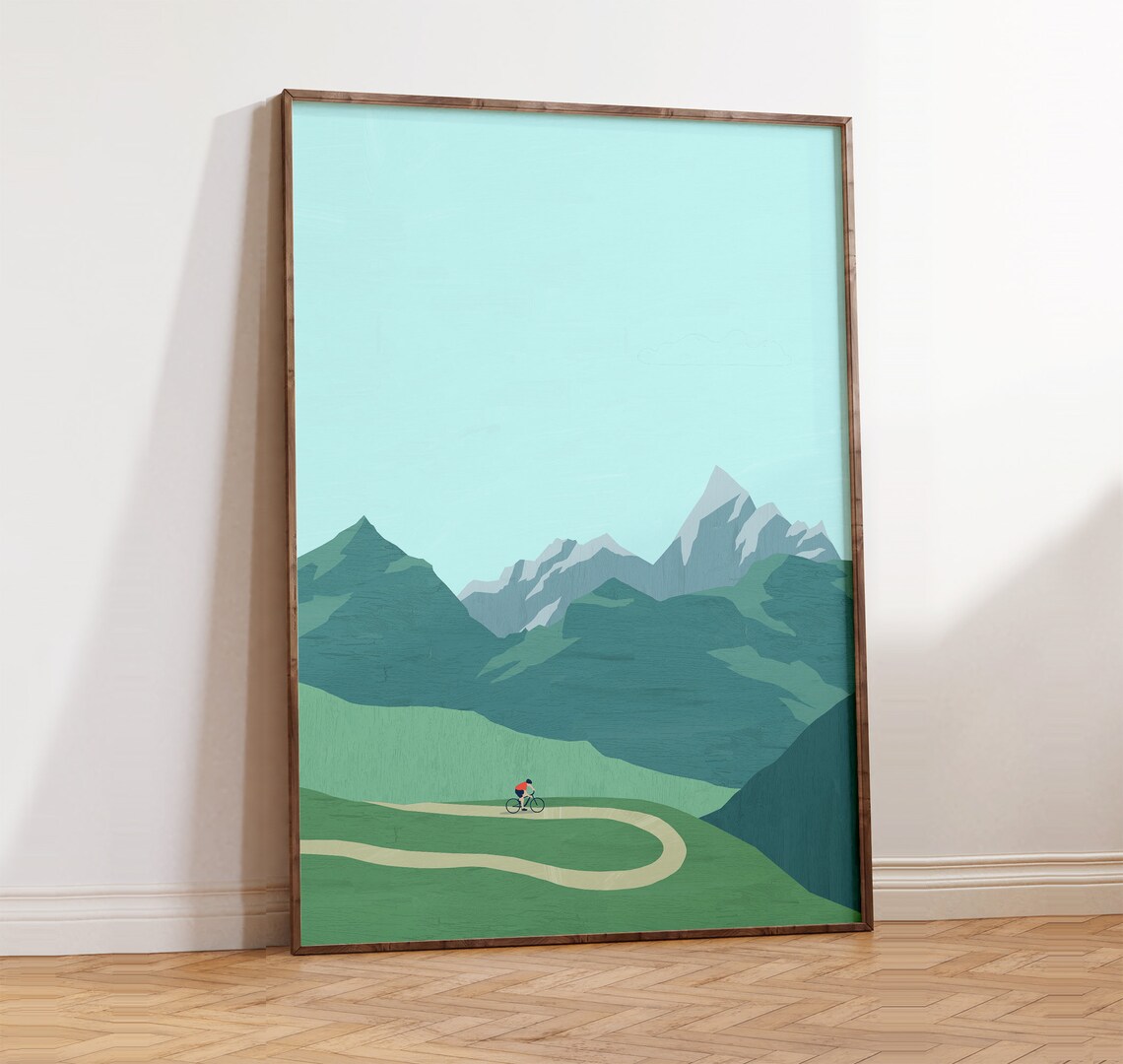 Cycling Poster, Minimalist Mountain Landscape Art Print