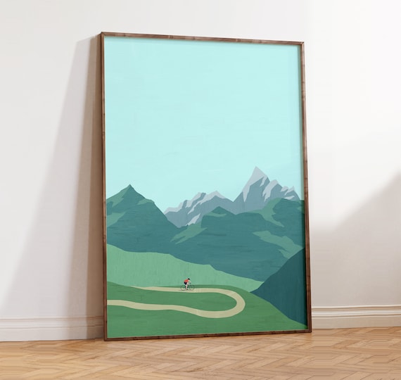 Cycling Poster, Minimalist Mountain Landscape Art Print
