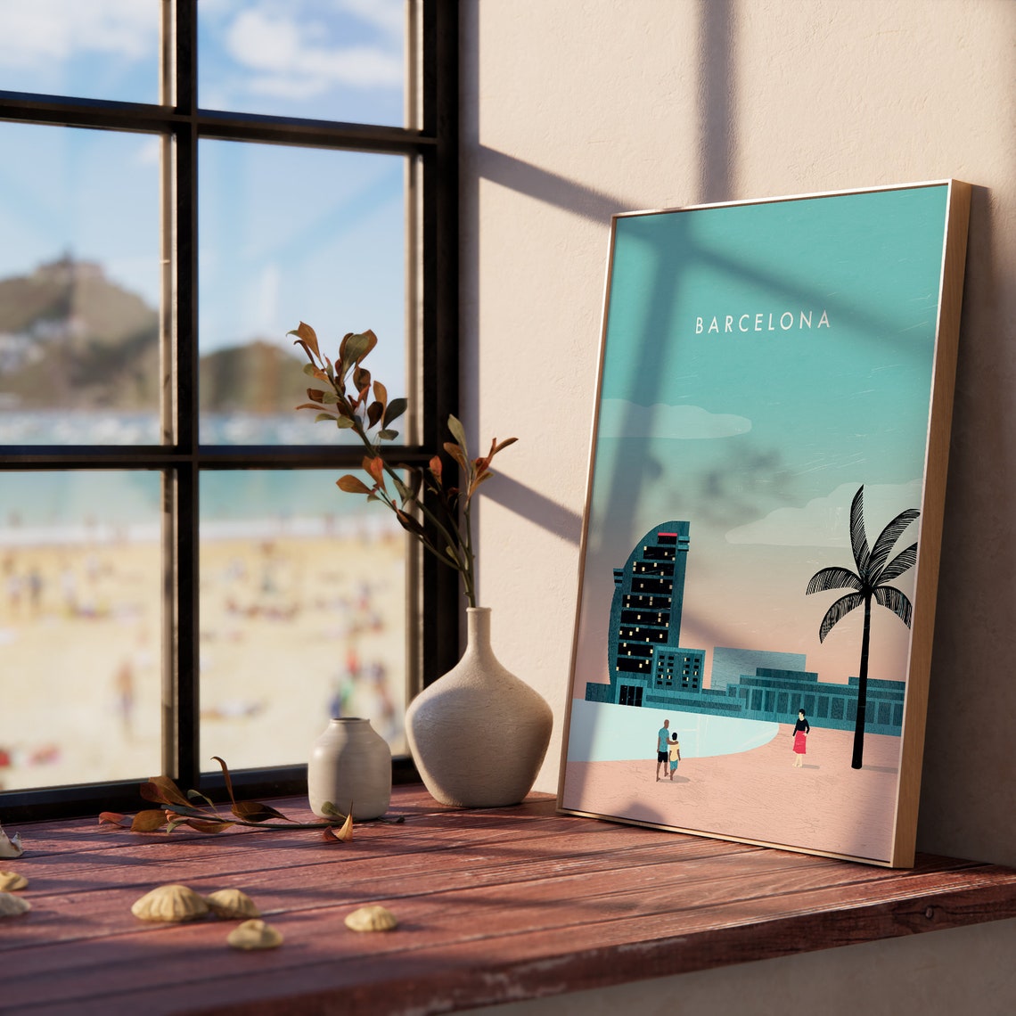 Barcelona Spain Coastal Sail Building Beach Palm City Poster - Image 3