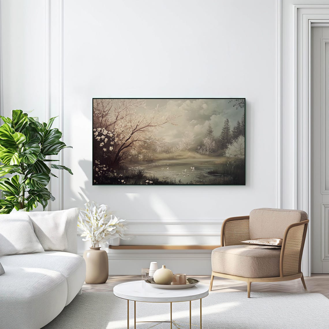 Spring Forest Pond White Blossoms Ducks Misty Lake Art Poster - Image 2