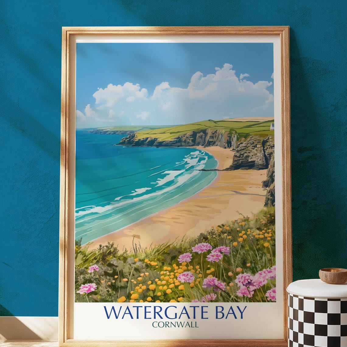 Watergate Bay Cornwall Print Uk Coastal Landscape Illustration