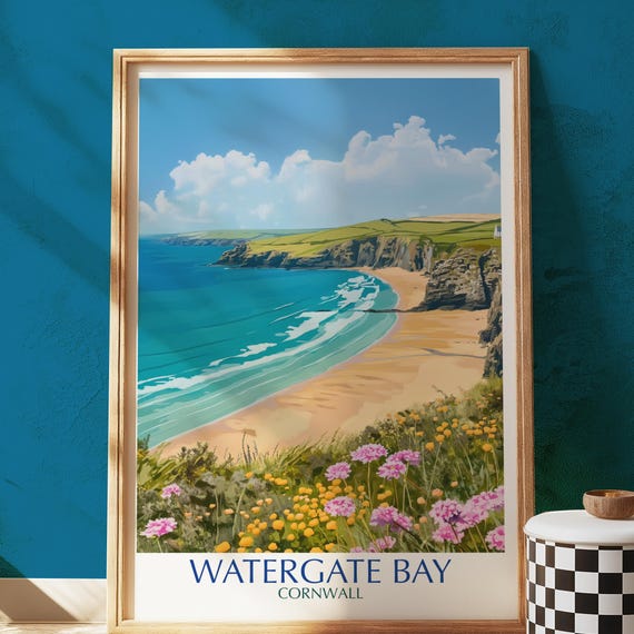 Watergate Bay Cornwall Print Uk Coastal Landscape Illustration
