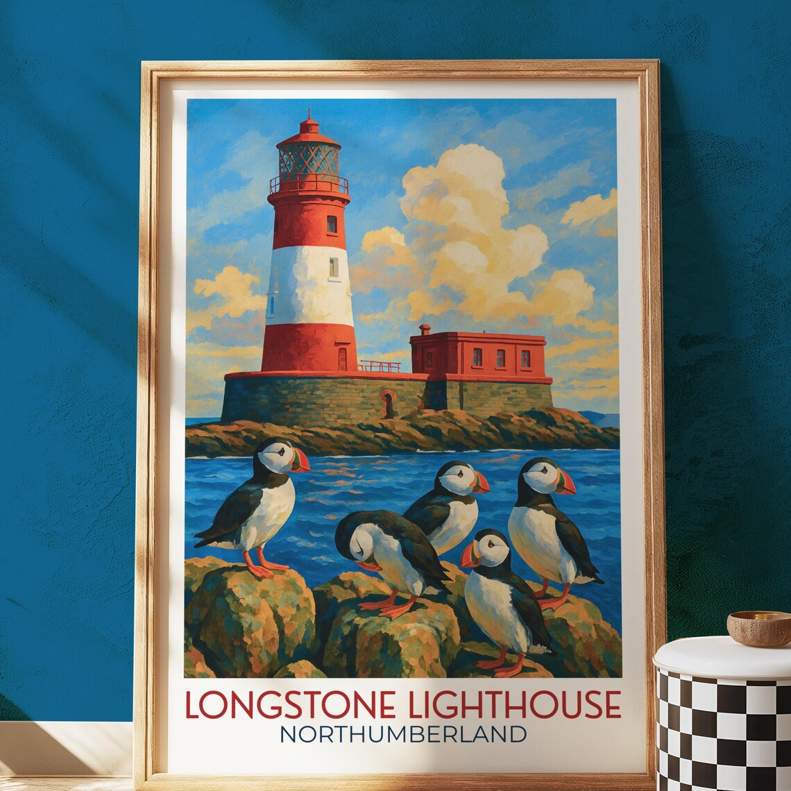 Longstone Lighthouse Puffin Vintage Coastal Art Print