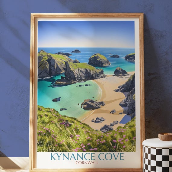 Kynance Cove Cornwall Poster Print Uk Coastal Beach Wall Art Turquoise Sea Cliff Landscape Illustration British Nature Travel Decor Gift