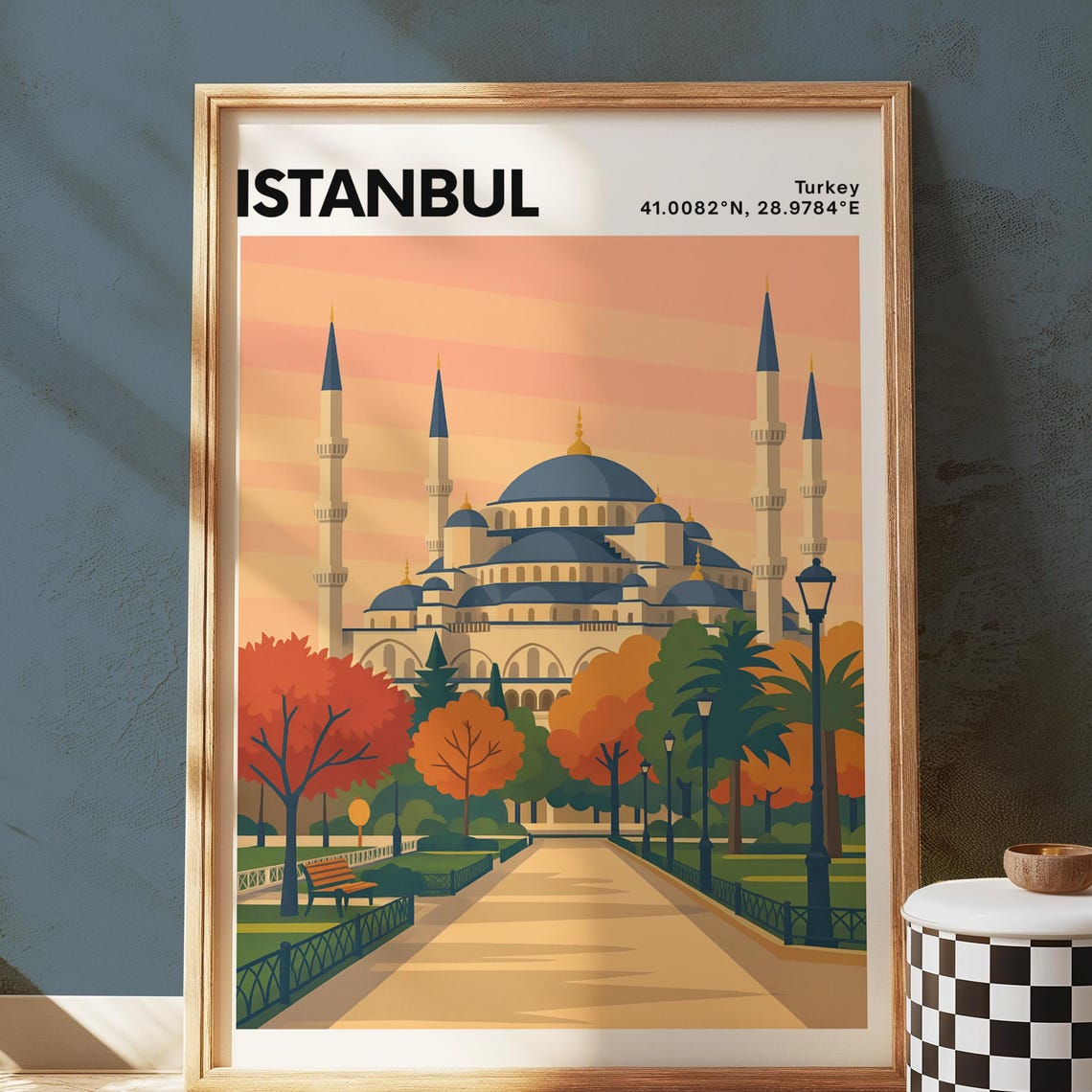 Istanbul Turkey Blue Mosque Sunset Travel Illustration Poster