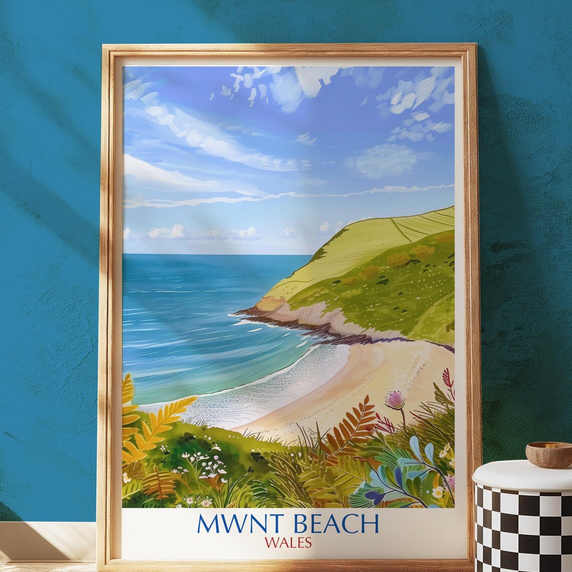 Mwnt Beach Wales Green Cliffs Seaside Cove Vintage Travel Poster