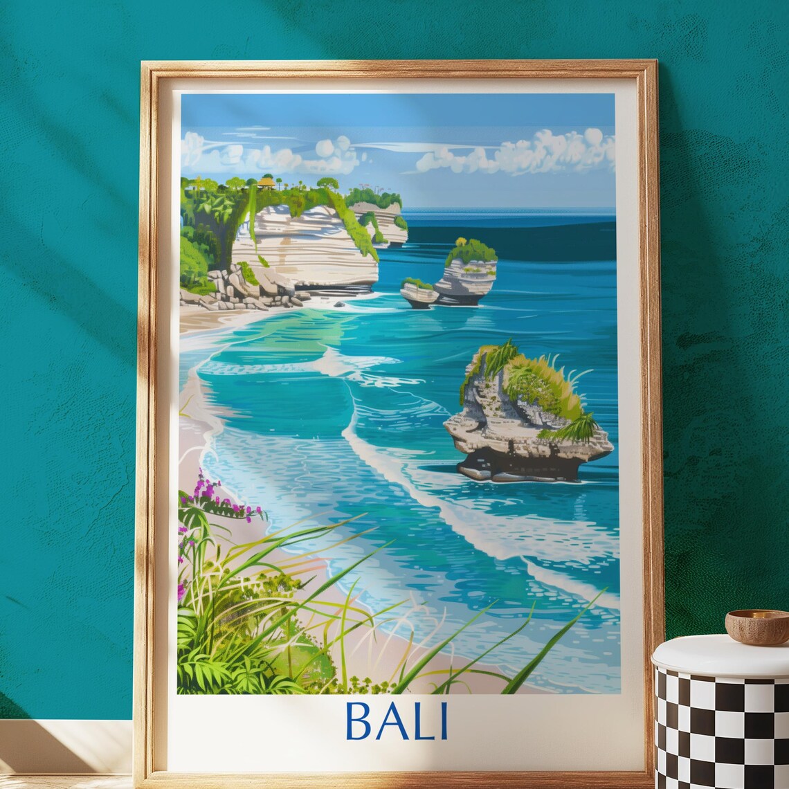 Bali Tropical Beach Vintage Travel Poster Sea Cliffs Turquoise Art