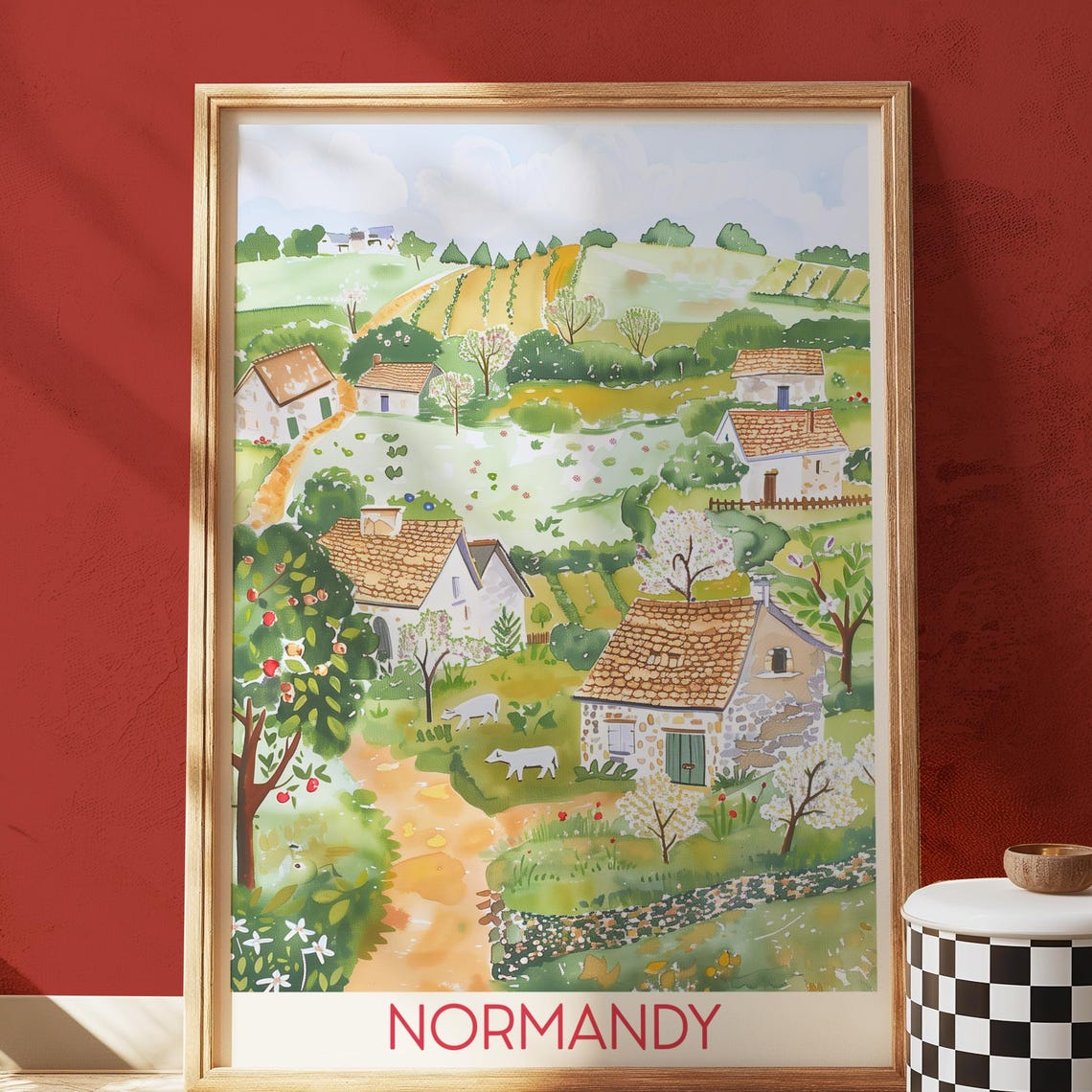 Normandy France Countryside Village Watercolor Landscape Poster