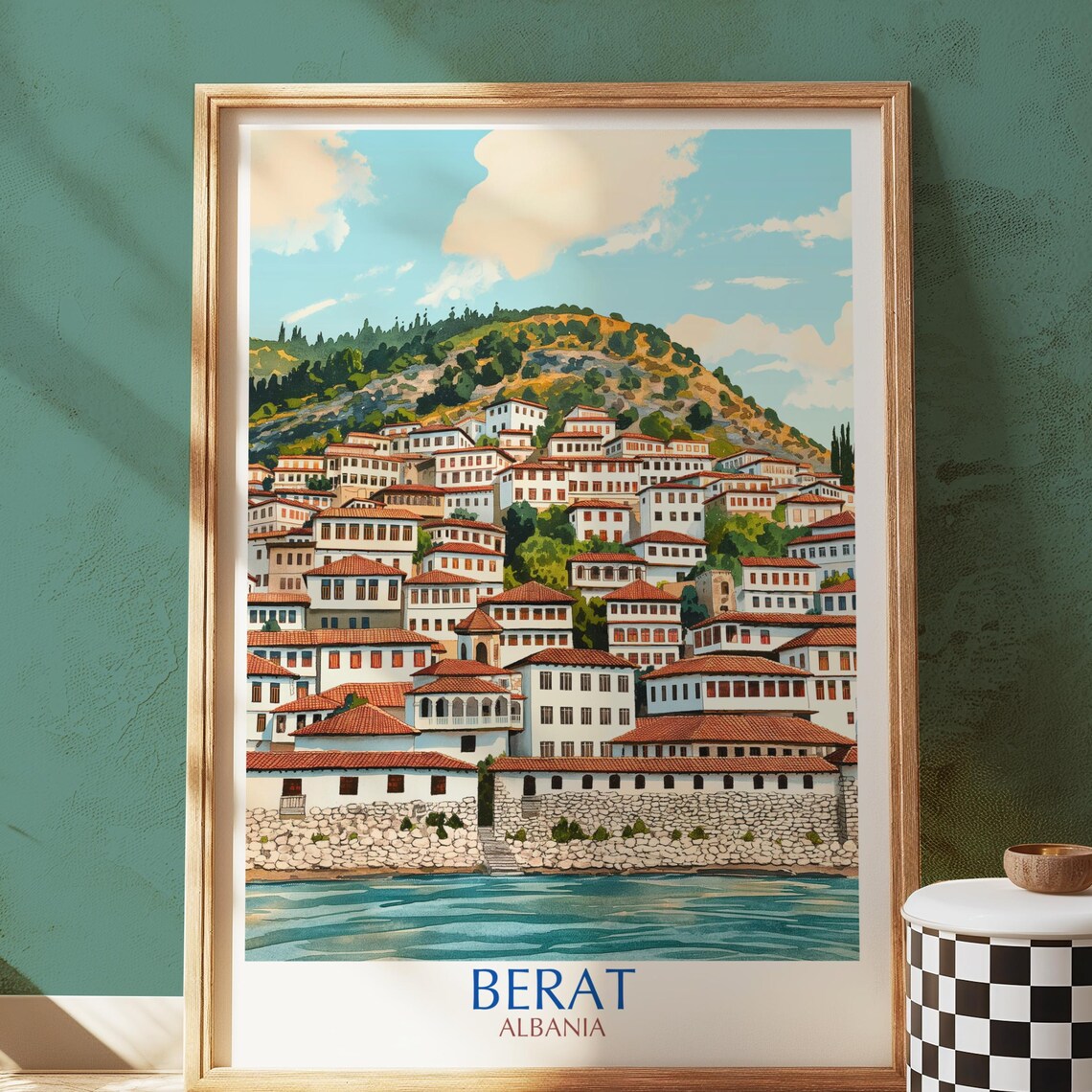 Berat Albania Historic Hillside Travel Poster White Houses Vintage