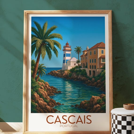 Cascais Portugal Coastal Travel Poster, Lighthouse