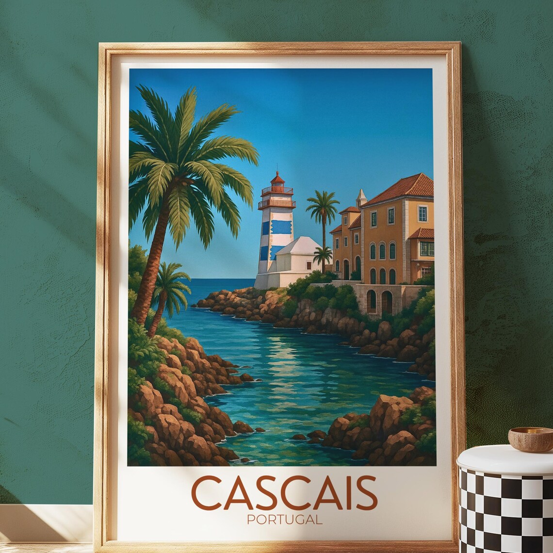 Cascais Portugal Coastal Travel Poster, Lighthouse