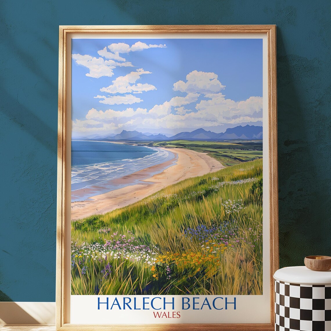 Harlech Beach Wales Vintage Coastal Travel Poster