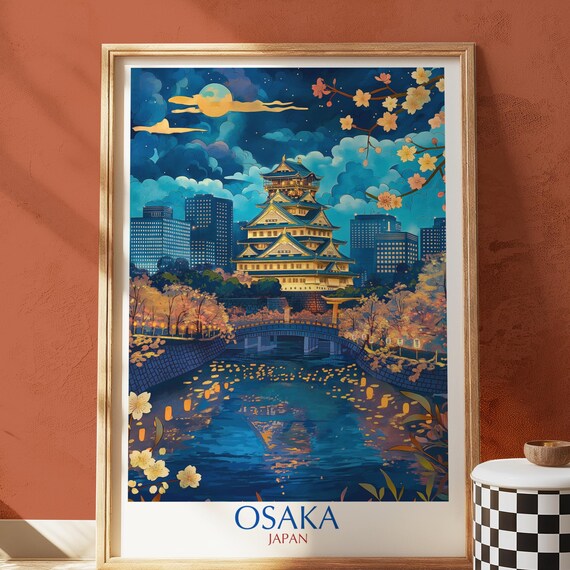 Osaka Japan Night Castle Cherry Blossom Lantern River Travel Poster