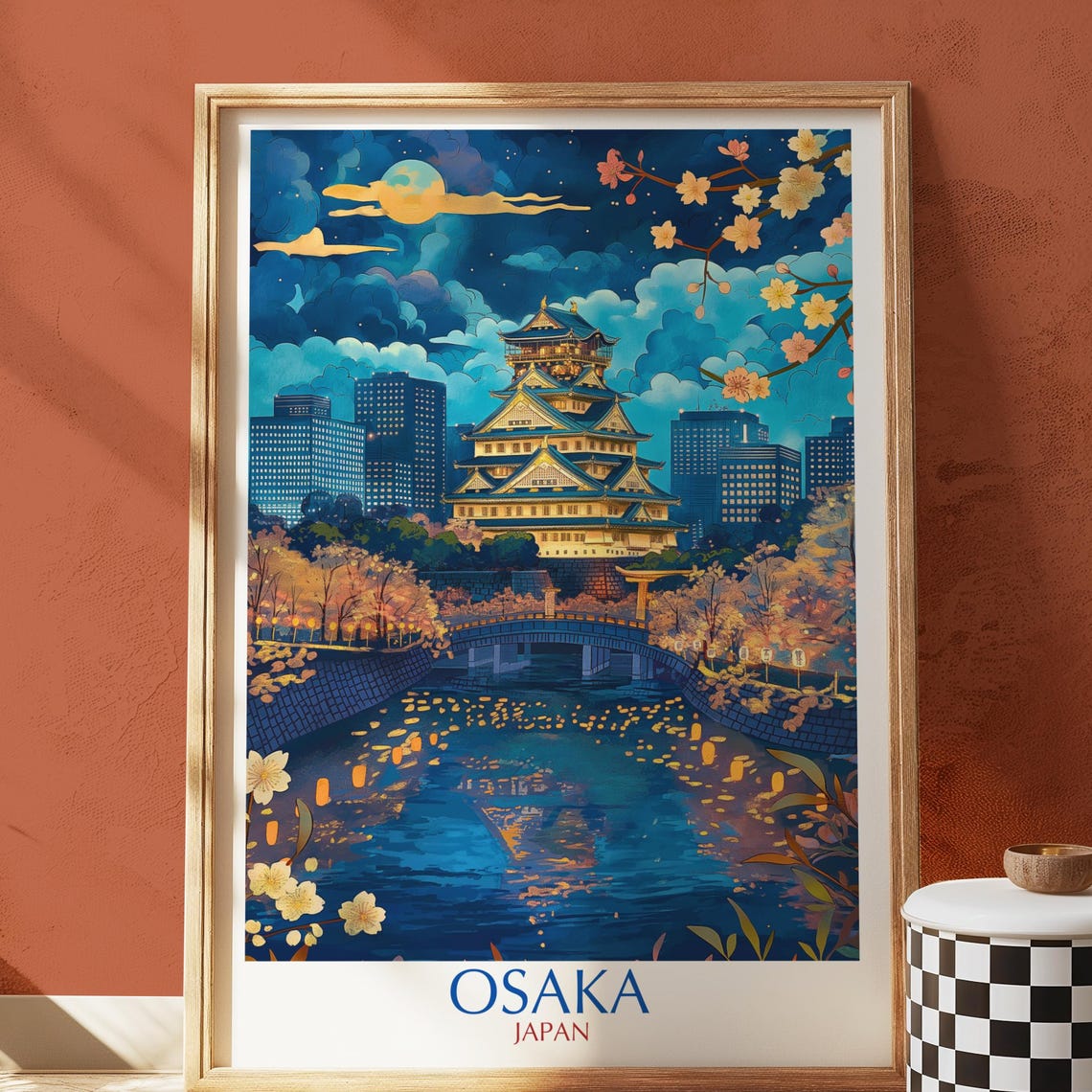 Osaka Japan Night Castle Cherry Blossom Lantern River Travel Poster