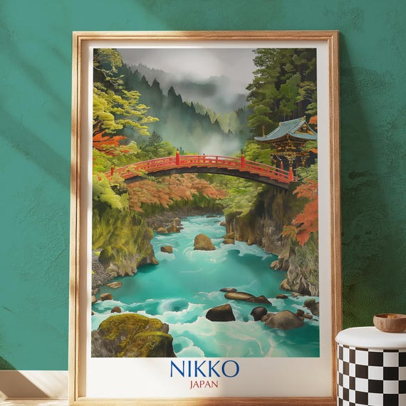Nikko Japan Wall Art Print Vibrant Red Shinkyo Bridge Illustration With Lush Forest River Landscape In Traditional Japanese Style