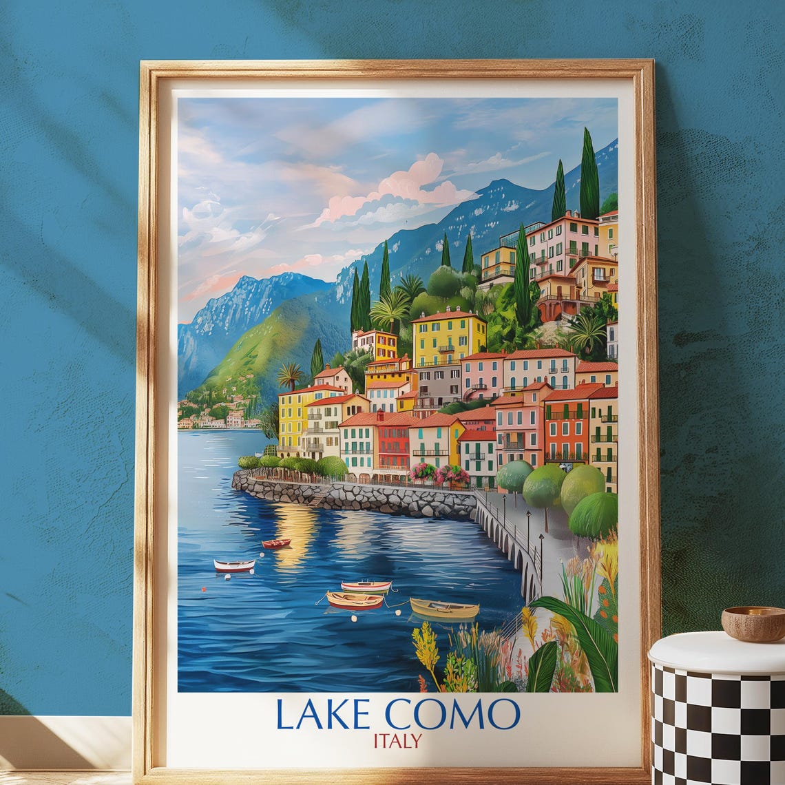 Lake Como Italy Colorful Lakeside Town Travel Illustration Poster
