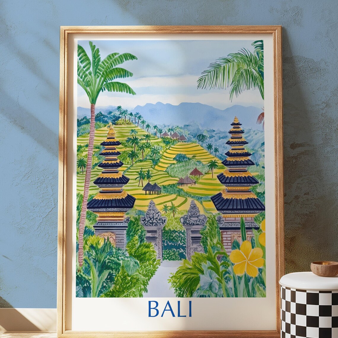 Bali Indonesia Travel Poster, Rice Terraces and Temple