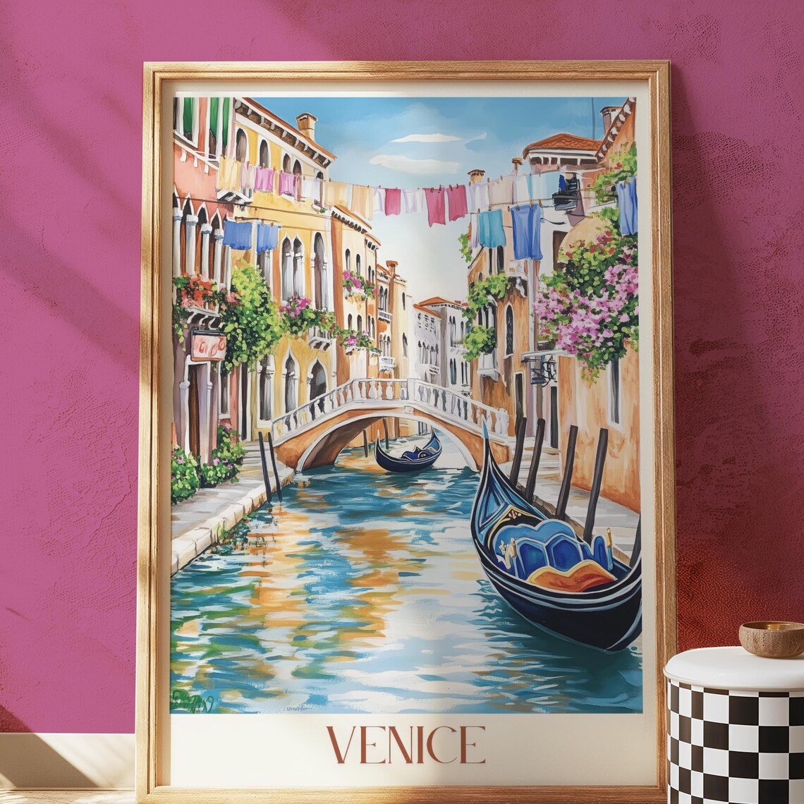 Venice Canal Art Print, Italian Gondolas and Houses