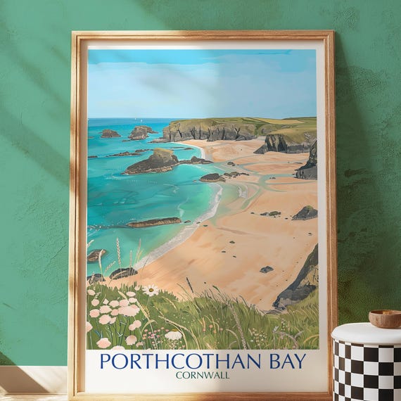 Porthcothan Bay Cornwall Print Coastal Beach Illustration Uk Travel Art