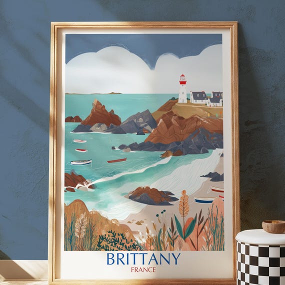 Brittany France Coastal Wall Art Print Scenic Lighthouse Beach Illustration With Boats Cliffs And Rugged Atlantic Ocean View