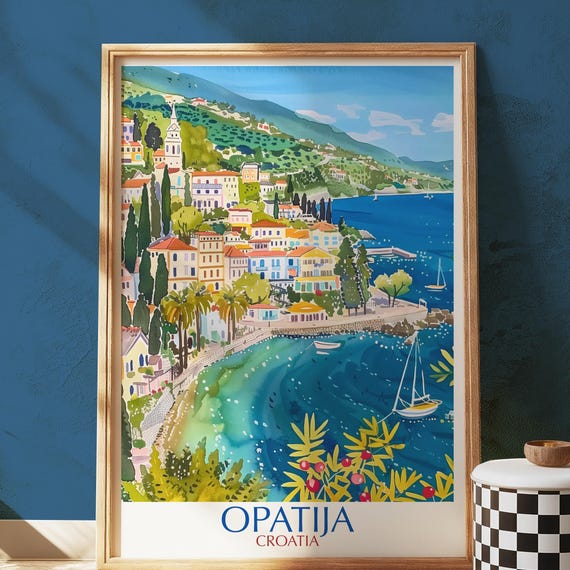 Opatija Croatia Print Coastal Seaside Illustration Mediterranean Decor
