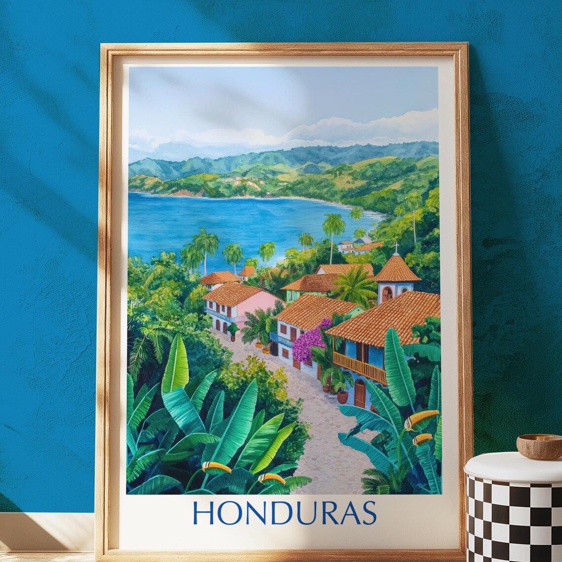 Honduras Tropical Coast Village Toucans Vintage Central America Poster