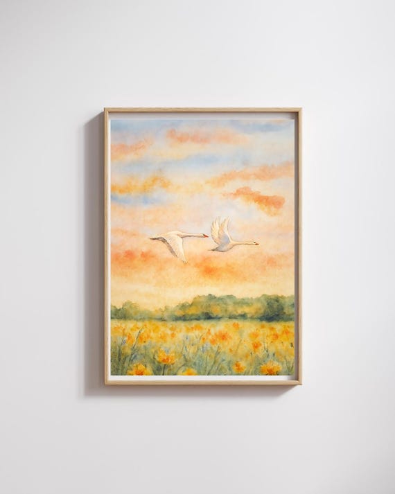 Two Swans In Pastel Sky At Sunset Bird Watercolor Print For Nursery Bedroom