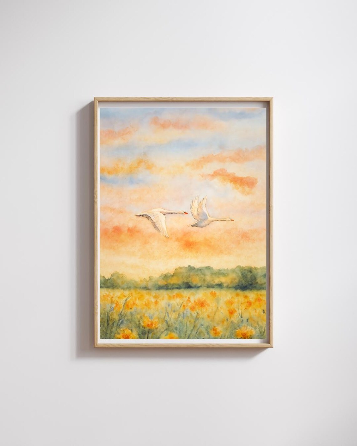 Two Swans Flying Pastel Sunset Sky Meadow Watercolor Nature Poster