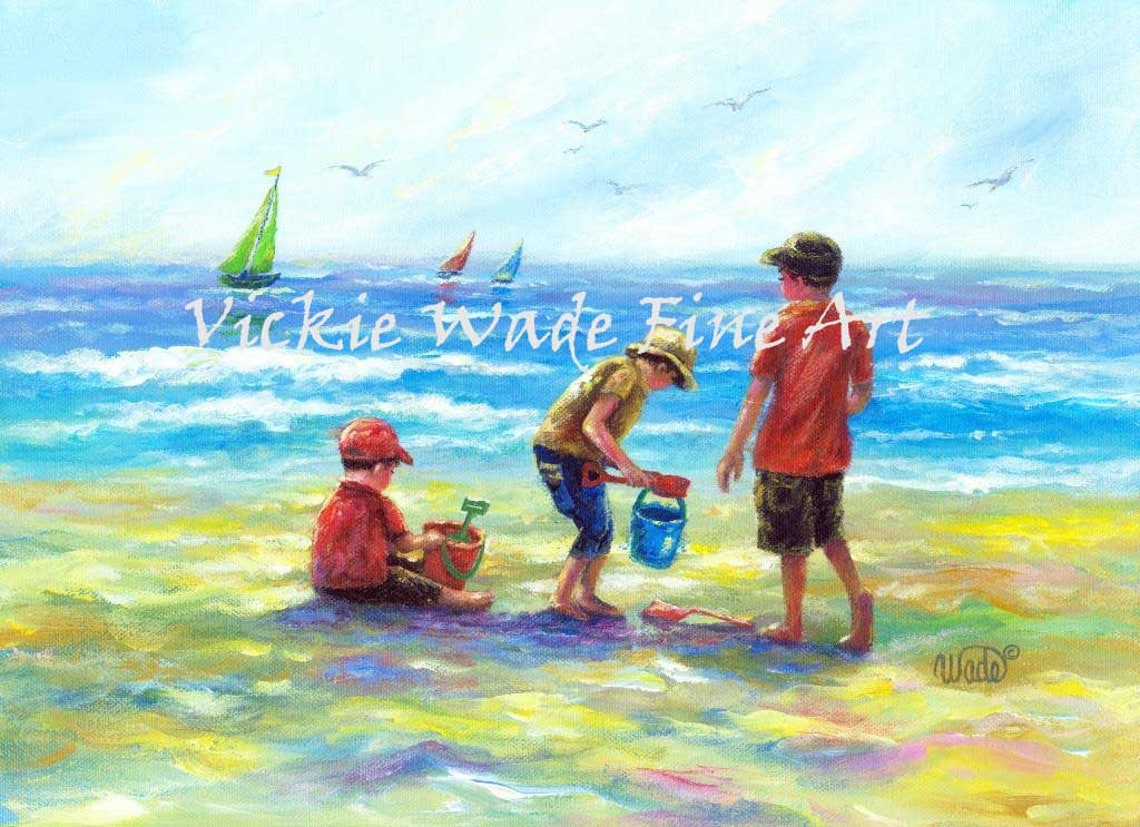 Three Boys Playing with Colorful Buckets at the Beach Shore Poster