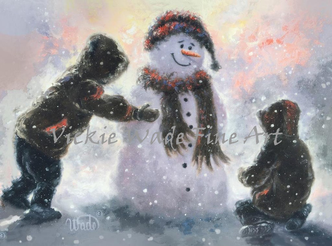 Two Boys Building Snowman With Plaid Hat In Falling Snow Poster