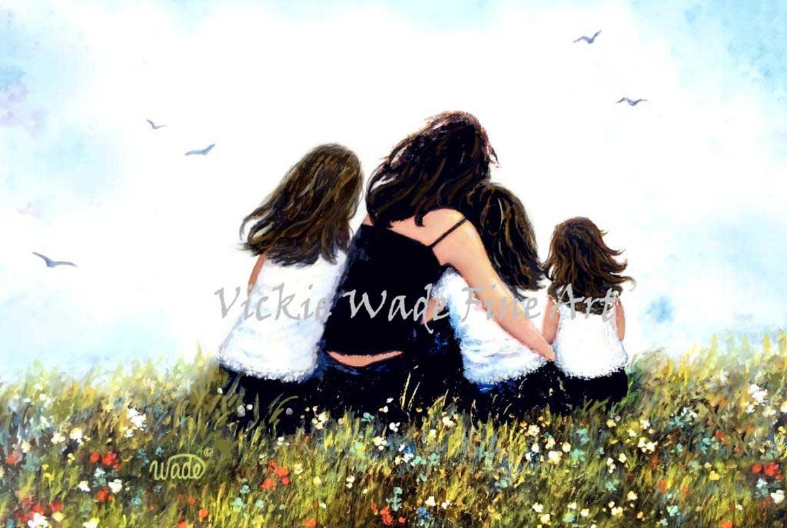 Mother Hugging Three Daughters In Wildflower Meadow Behind View Poster