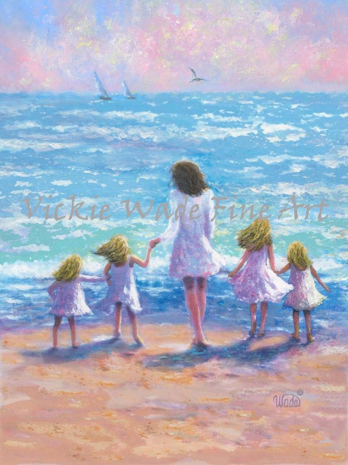 Mother Walking with Four Young Daughters Along the Beach Poster