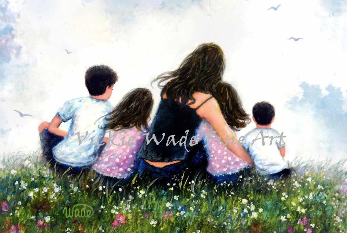 Mother and Four Children Resting in Wildflower Meadow Poster