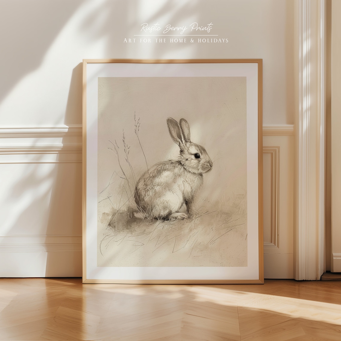 Small Bunny Sitting In Grasses Soft Pencil Sketch Neutral Nursery Print - Image 2