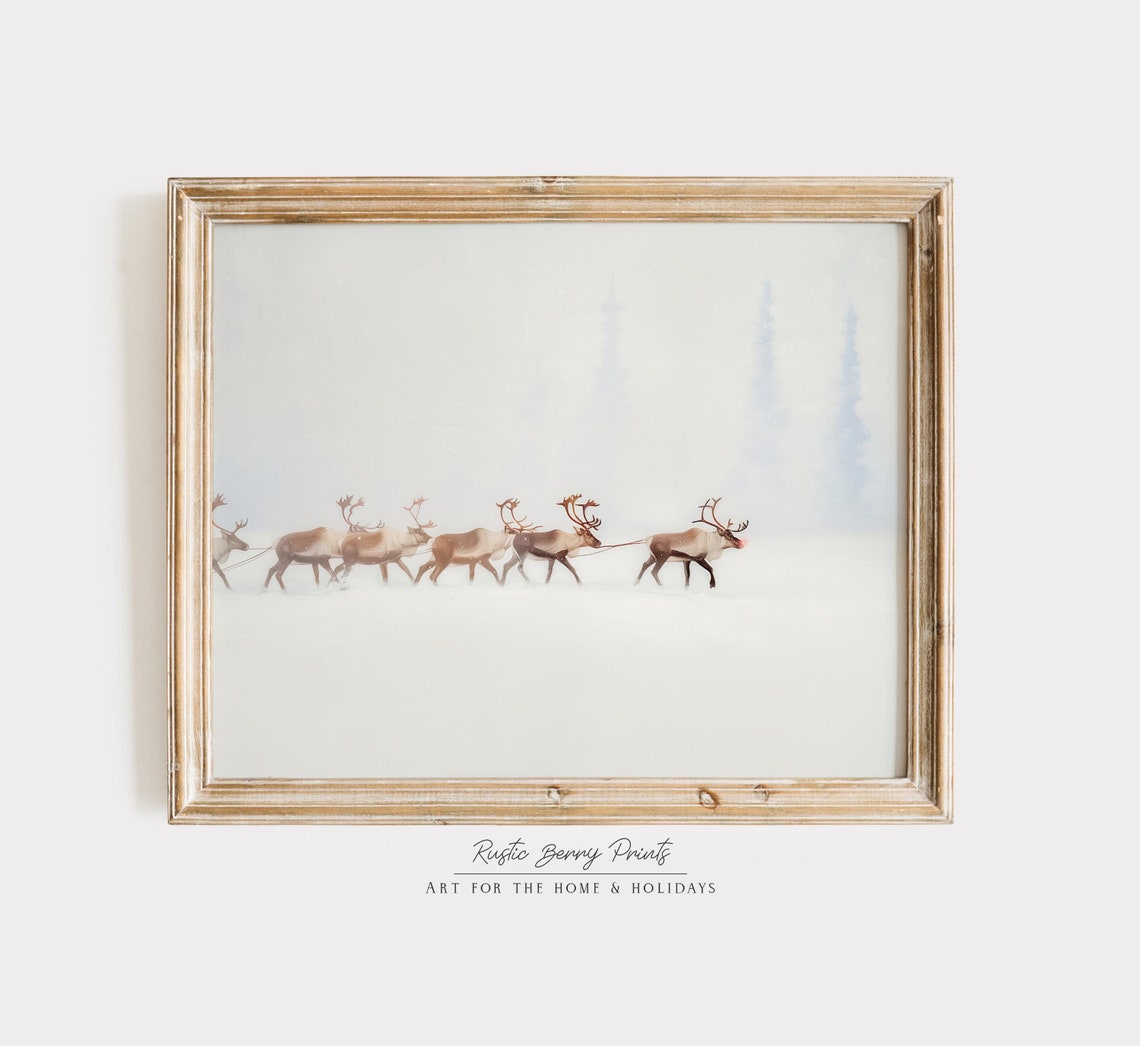 Reindeer Team Running Through Misty Snow Red Nosed Leader Art Print