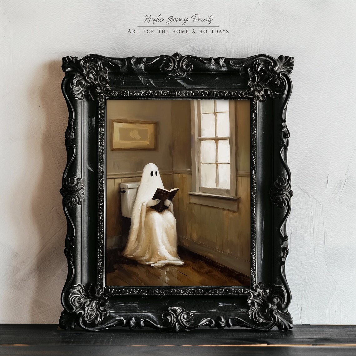 Funny Ghost Reading Book On Toilet Spooky Bathroom Halloween Wall Art