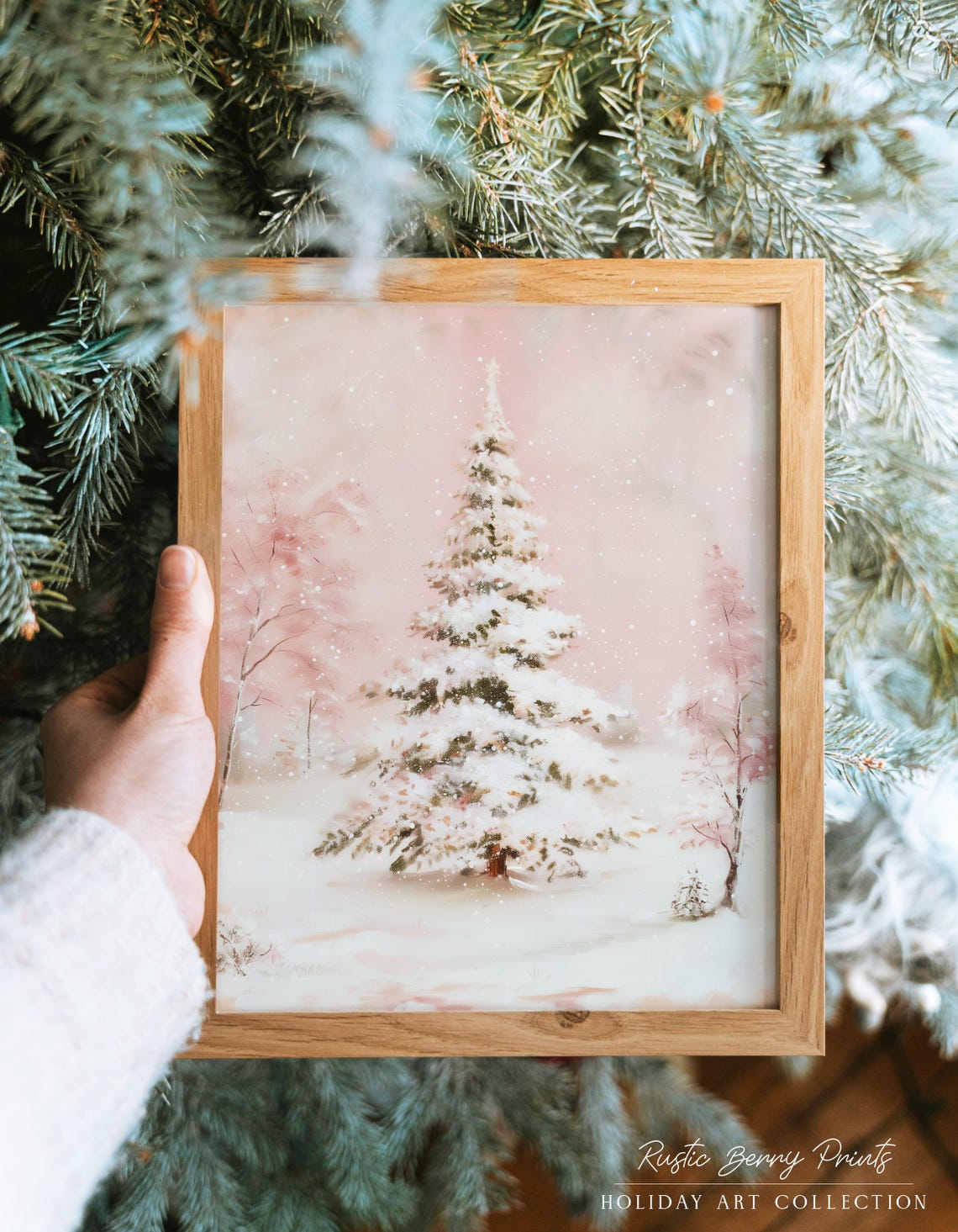 Blush Pink Snowy Pine Tree Falling Snow Watercolor Christmas Print
